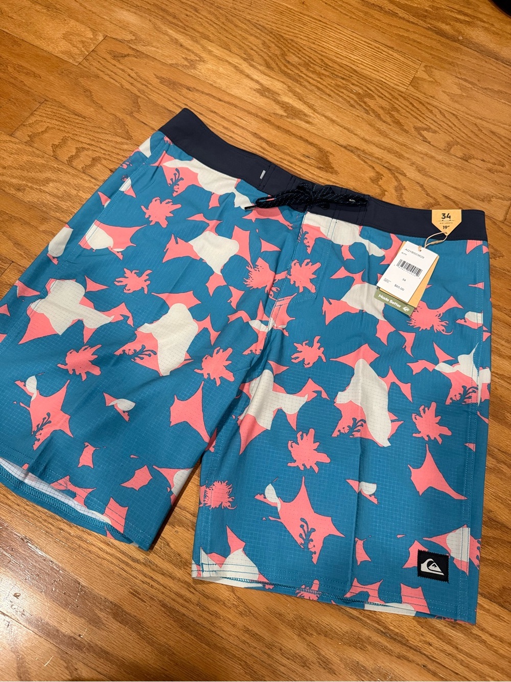 Quiksilver Blue Teal Coral Print Swim Shorts with Black Waistband